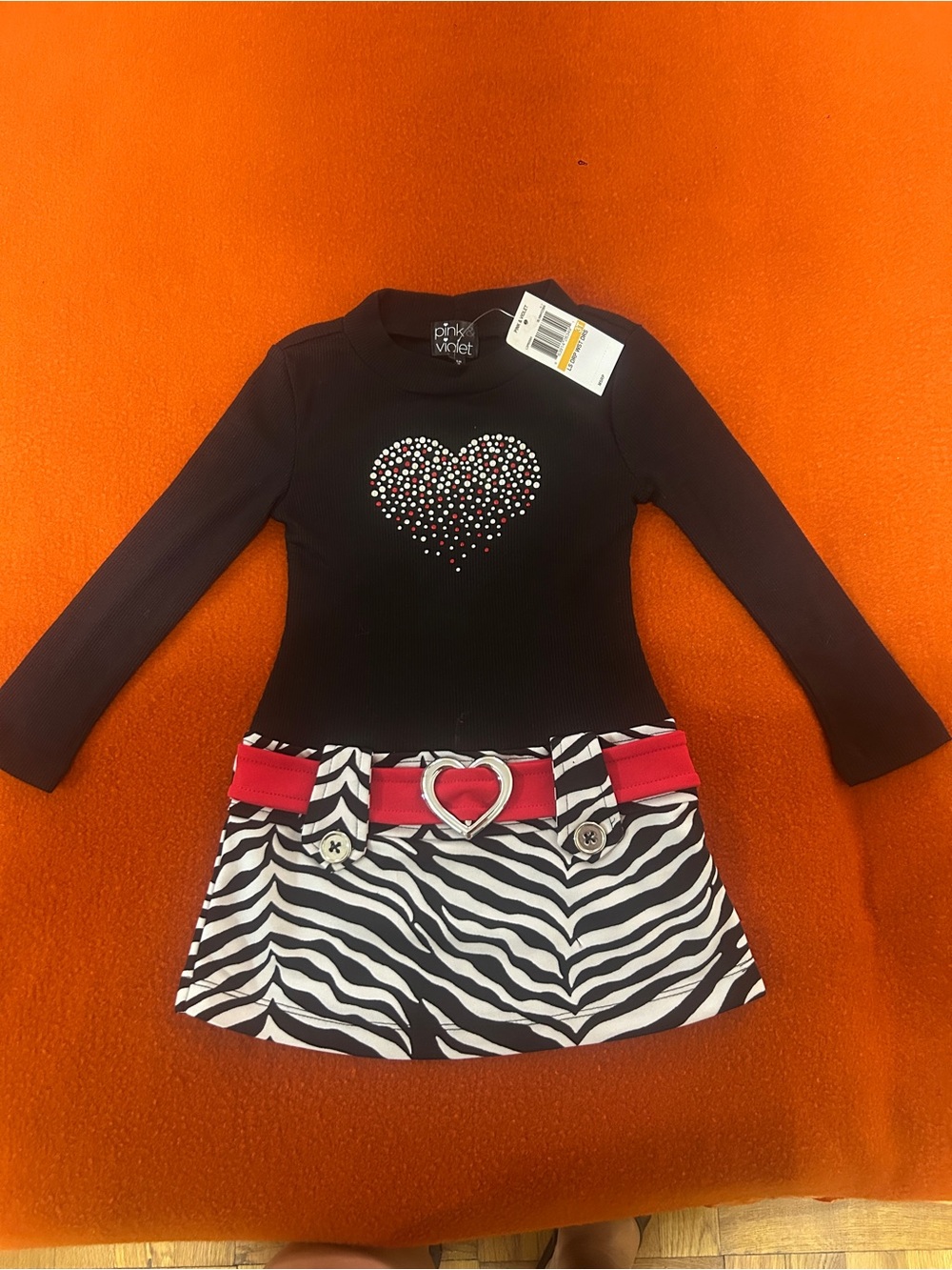 Velvet Black Long-Sleeve Top with Zebra Skirt and Pink Heart Belt ( one piece)